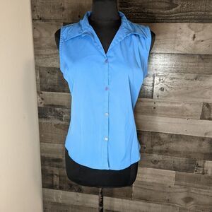Blue button down stretch top L